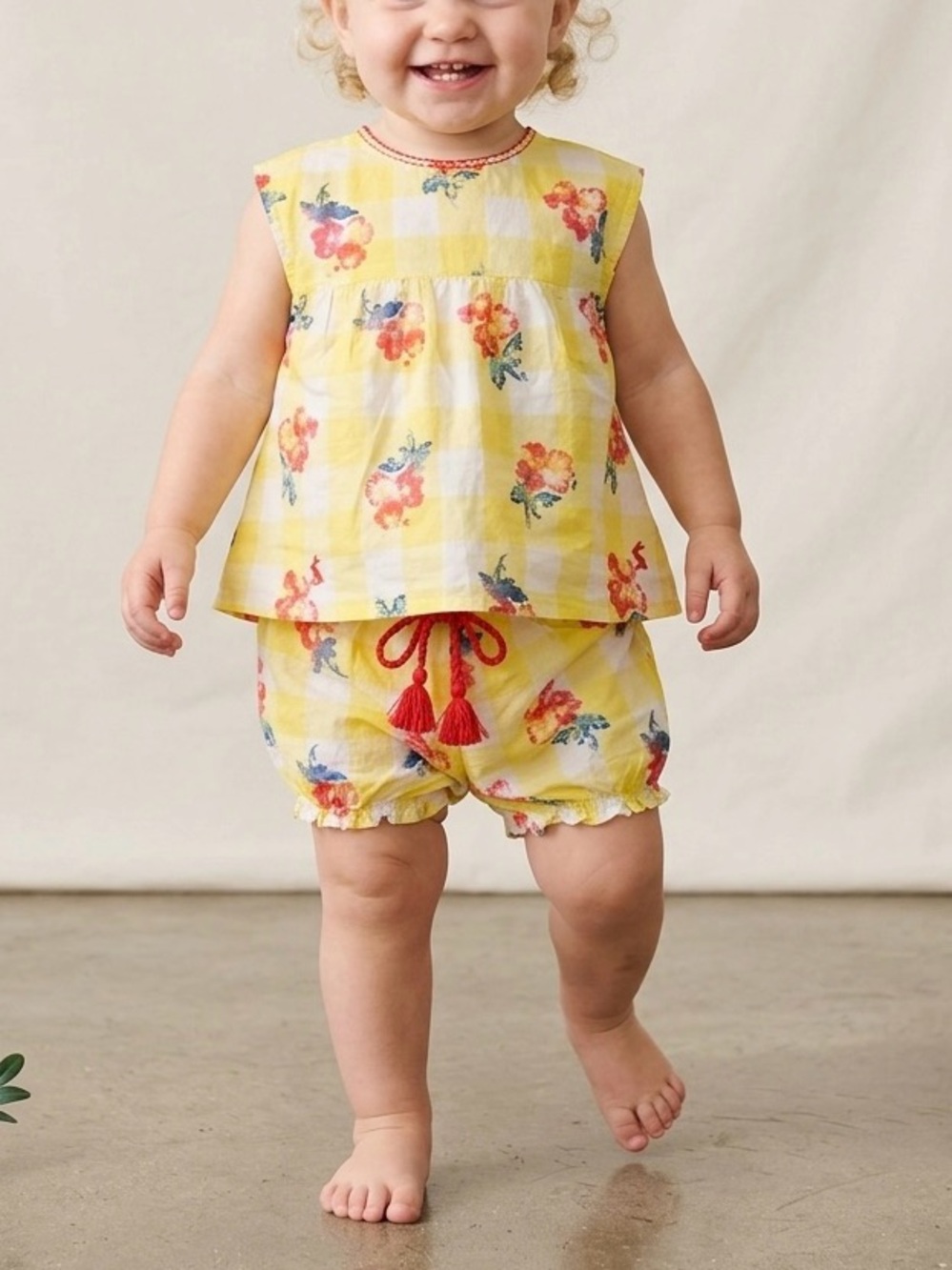Joules Baby Girls Edith Yellow Gingham & Floral Two-Piece Set